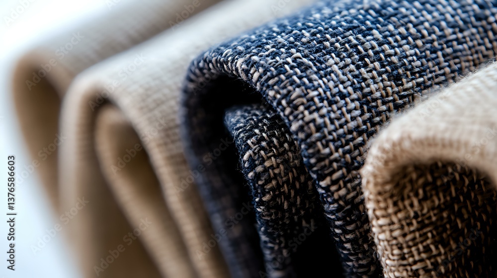 Poster macro view of folded denim and textile fabrics showing detailed weave pattern and texture in blue an