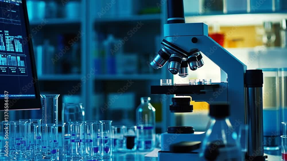 Poster close-up of microscope in medical laboratory with test tubes and data display