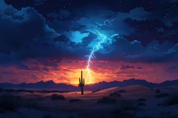 A lone saguaro cactus silhouetted against a vibrant desert sunset, illuminated by a dramatic lightning strike.