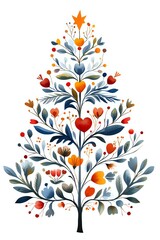 Scandinavian folk art style Christmas tree with hearts, flowers and berries in navy blue, orange and red watercolor on white isolated background.