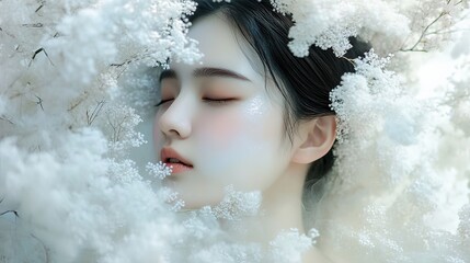 Dreamy portrait of a woman surrounded by floral textures ethereal setting close-up view