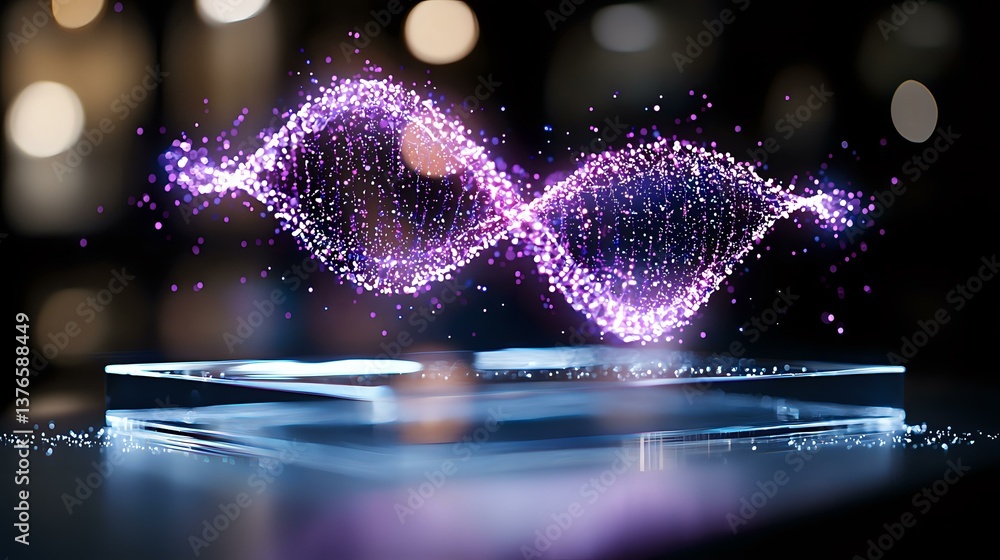 Poster glowing purple dna helix structure floating above reflective surface with bokeh background and spark