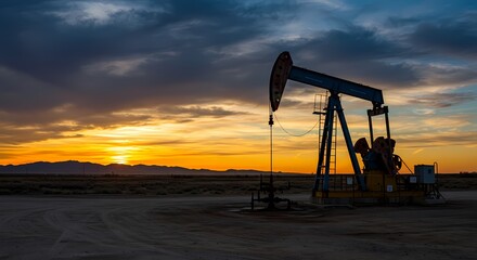 Oil pump jack silhouette at sunset: energy production, fossil fuels, and resource extraction at dusk landscape