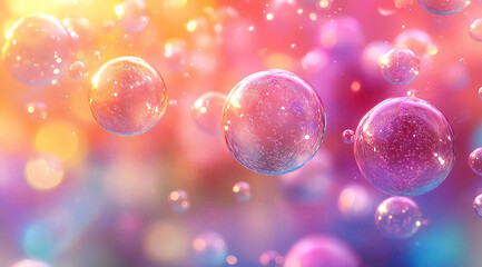 Floating colorful soap bubbles against a vibrant rainbow background