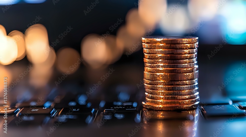 Poster stack of shiny copper coins on computer keyboard with blurred bokeh lights in background, representi