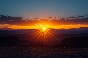 Breathtaking sunset with orange and blue hues over a mountainous landscape, casting radiant sunrays across the horizon.