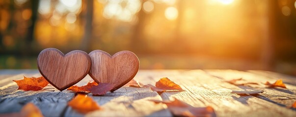 Two Wooden Hearts Autumn Leaves Golden Sunlight Romantic Nature Love Fall Warm Cozy Table Image Photo Season  
