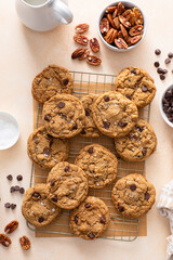 Chocolate chip cookies with pecan nuts, freshly baked cookies on a cooling rack