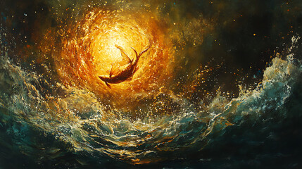 Fantasy-style image of a gold coin transforming into a fish mid-swim, soft magical lighting, surreal dreamscape watersHighly detailed, cinematic composition,Realistic anatomy and drapery,