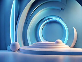 Fototapeta premium Serene blue stage with soft lighting, a calming circular platform, and elegant white spheres creating a peaceful and minimalist atmosphere.