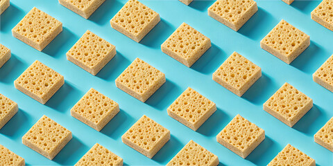 A series of yellow kitchen sponges is neatly organized in a grid pattern against a bold blue backdrop, showcasing their texture and shape in a playful yet structured arrangement