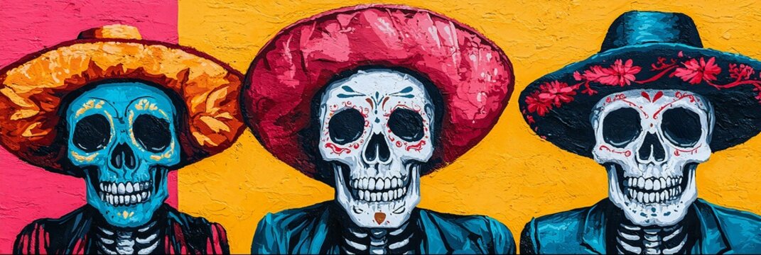 Cinco de Mayo, Vibrant Day of the Dead Mural Featuring Three Colorful Skulls Wearing Sombreros This artwork showcases traditional Mexican culture and artistic expression