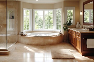 Fototapeta premium Bright bathroom with a jacuzzi tub under a large window and a vanity with a wooden cabinet
