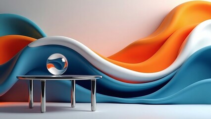 Glass sphere on a metal table with abstract flowing backdrop