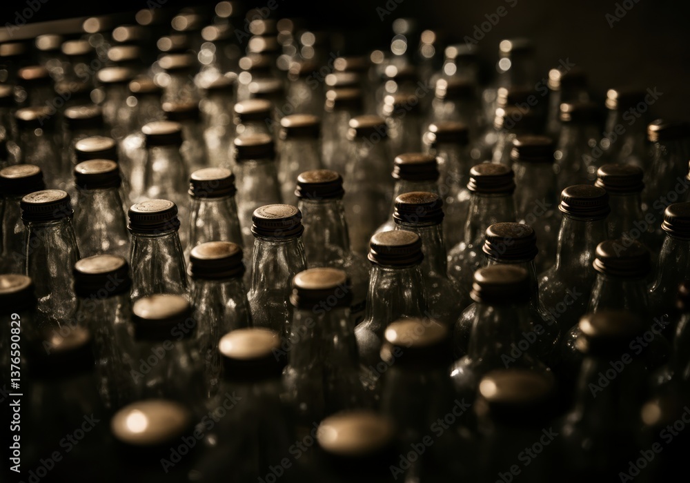 Poster a collection of glass bottles with metallic caps arranged in a pattern