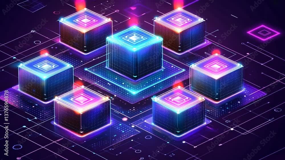 Poster futuristic data processing center concept with glowing cubes and network connections
