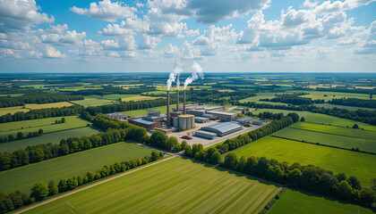 Fototapeta premium A large industrial power plant is situated in a lush green landscape. Smoke rises from its chimneys while vast fields and trees stretch into the horizon under a sunny sky