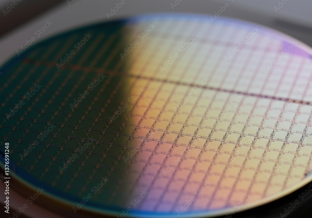 Poster close-up of a silicon wafer showcasing intricate microchip patterns