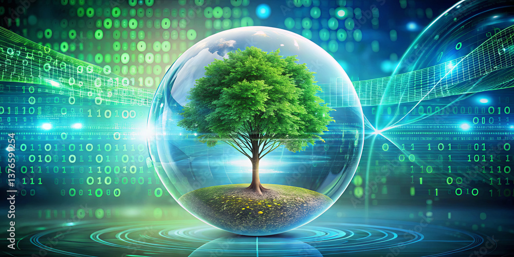 Fototapete A tree stands inside a transparent sphere, symbolizing harmony between technology and nature. The background is filled with green binary code and dynamic patterns, creating a futuristic atmosphere