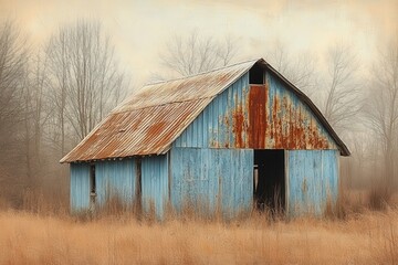Obraz premium Rustic old barn with peeling blue paint stands amidst a foggy, desolate landscape of dry grass and leafless trees.