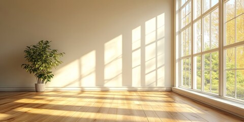Fototapeta premium Bright Sunlight Streaming Through Large Window in Minimalist Room Modern Interior Design Home Sunlight Plant 