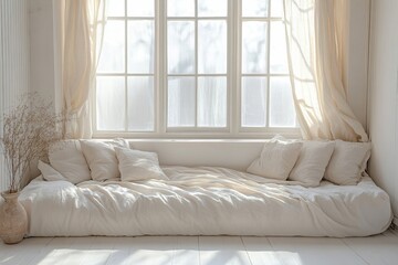 Fototapeta premium Serene White Linen Bed Sunlight Window Cozy Room Interior Design calm home decor style simple bright bedroom 