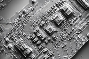 Close-up view of a circuit board's intricate pathways and components, showcasing technological complexity.