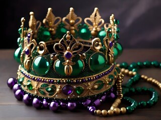 A regal emerald and gold crown, adorned with shimmering beads, rests majestically on a dark wooden surface, exuding an air of timeless power and opulence in rich, saturated colors.