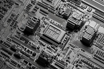 Close-up view of a complex computer circuit board, showcasing intricate design and components.