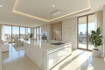 Luxury Modern Kitchen Interior Design White Marble Island Apartment Spacious City View Room Home Open House   