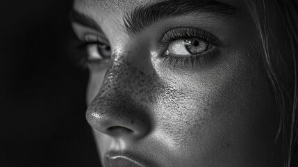 Fototapeta premium Striking Close-Up Portrait of Face with Freckles and Intense Gaze