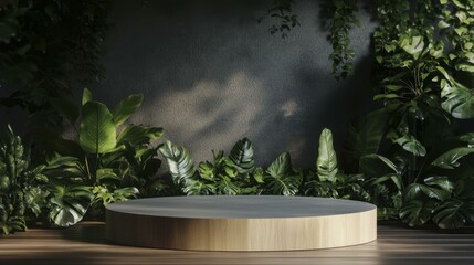 Wooden Podium Stage Amidst Lush Green Foliage, Botanical Beauty, Natural Light for Product Display