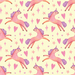 Watercolor hand painted unicorn pattern. Nursery, love, animals, stars, horses, hearts. Yellow background. Use it for postcards, invitations, and scrapbooking.