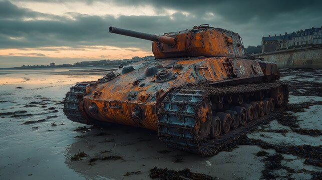 Vivid illustration of a scarred second world war tank set against a majestic coastal landscape in Arromanches, Normandy, merging industrial strength with nature's gentle reclaim