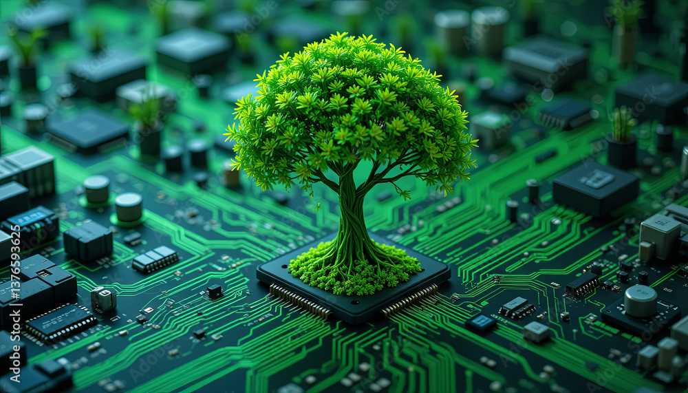 Poster a lush green tree rises from a microchip on a circuit board, representing the integration of nature 