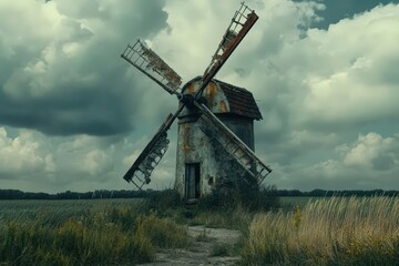 Fototapeta premium An old weathered windmill standing tall under a cloudy sky