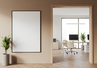 Modern office interior design mockup with blank poster frame and plant decoration for advertising