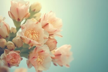 Delicate pale pink cactus flowers in bloom, soft light background.