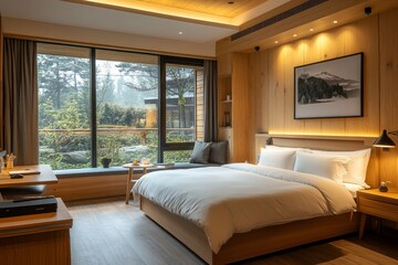Interior of a hotel room featuring a large bed and a window with a view of a lush green garden
