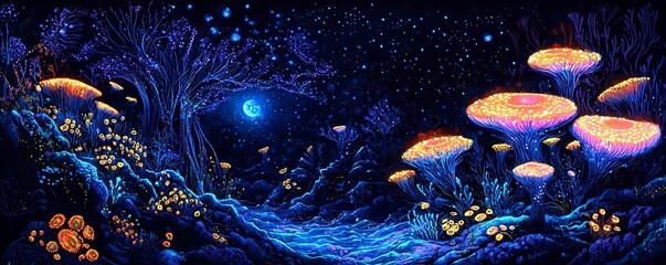 Surreal underwater city illuminated by bioluminescent plants