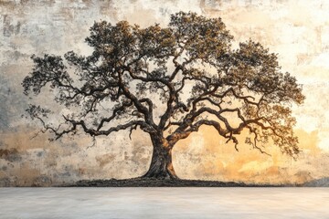 A majestic ancient oak tree silhouette on a textured wall, bathed in warm sunset light.