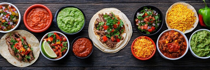 Cinco de Mayo, Delicious Mexican Food Platter Featuring Tacos Guacamole Salsa and Shredded Cheese A vibrant culinary display perfect for restaurant menus food blogs or cooking websites