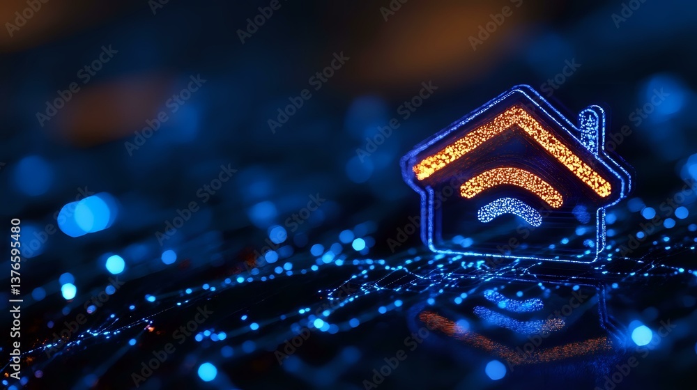 Aufkleber glowing house icon with wifi symbol on circuit board background with blue bokeh lights, representing