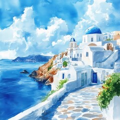 Greece in watercolor style, Watercolor sketch, Beautiful island of Santorini, Greece.