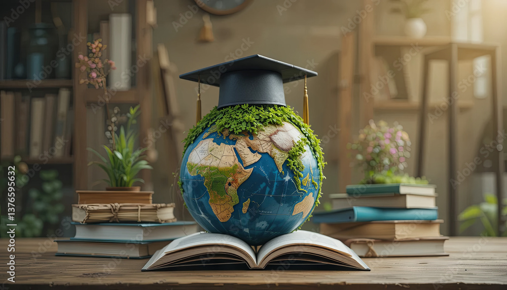 Poster a globe adorned with a graduation cap sits on an open book, surrounded by vibrant greenery and stack
