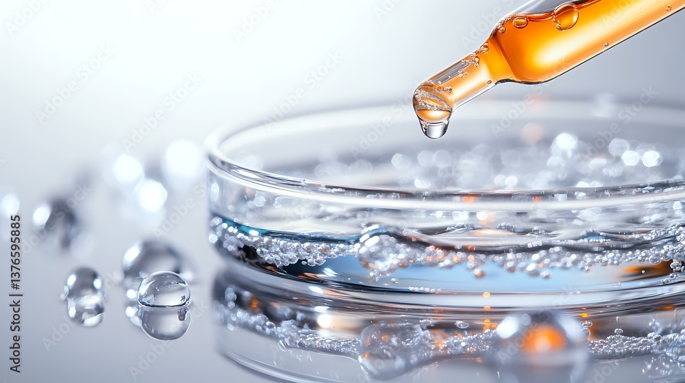 Poster amber liquid drop falling into glass petri dish with clear solution, creating ripple effect against 