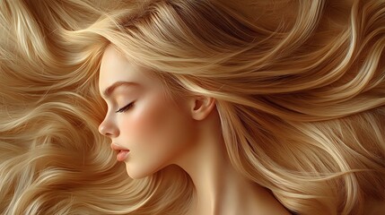 Naklejka premium Young Caucasian woman with flowing blonde hair against neutral background, eyes closed, profile view showing natural makeup and serene expression. For beauty and fashion.