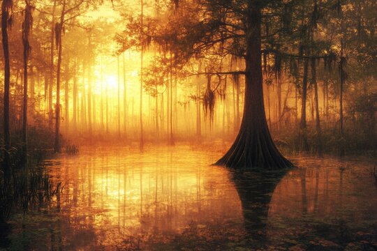 Golden sunrise bathes a misty swamp, cypress trees reflected in still water, creating a serene and mystical scene.