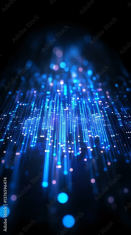 Poster Glowing blue fiber optic lines with bokeh effects rising upward against dark background, creating futuristic network connection visualization pattern.