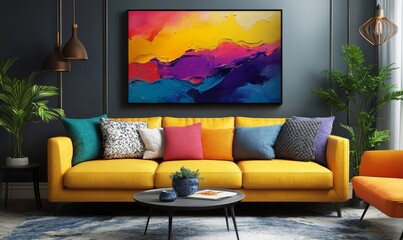 Living room interior with yellow sofa colorful pillows and abstract art on the dark gray wall